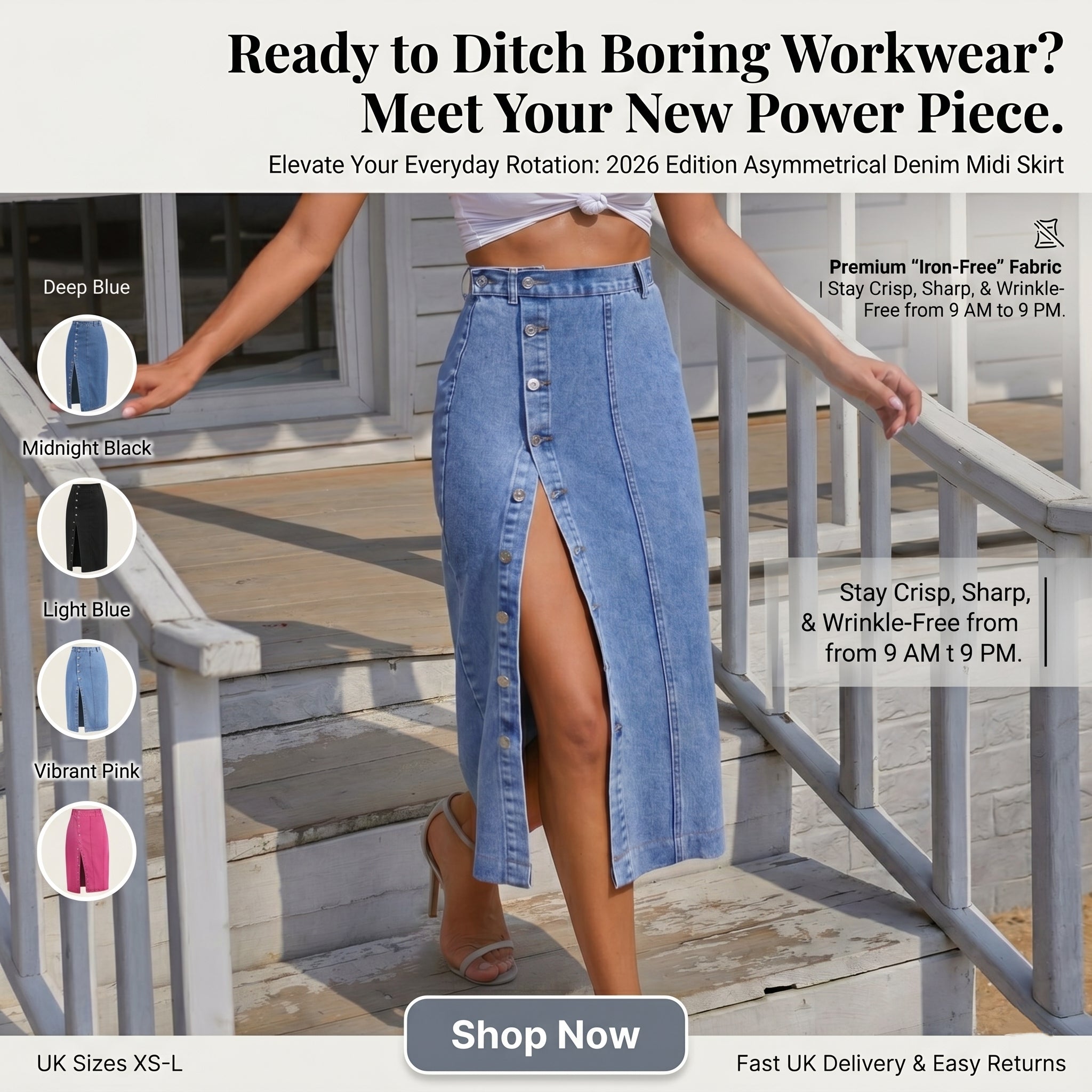 ⏰ LAST DAY-50% OFF 🛒) 2026 New In: Women's Edgy Denim Midi Skirt - Asymmetrical Placket & High Leg Slit - Slimming High Waist Design - Fits Size XS to 3XL