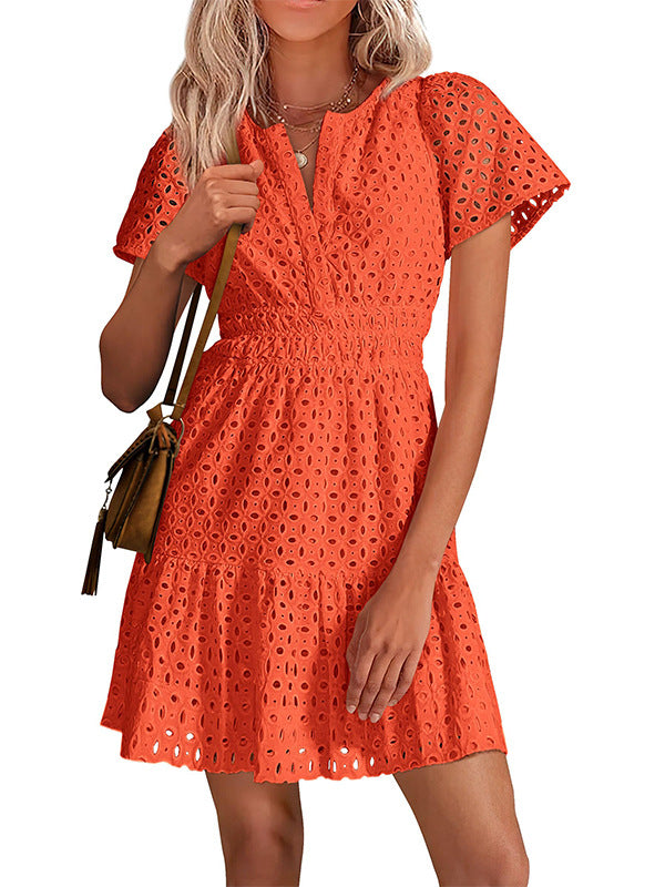 Women V Neck Lace A Line Summer Dress
