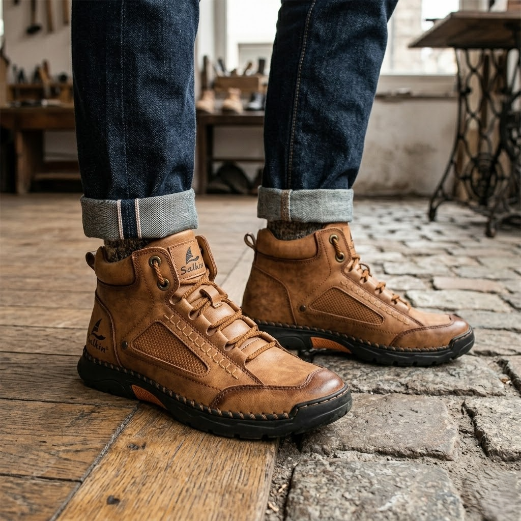 (🎁#1 Best Seller) Men's Comfortable Handmade Leather Boots – Waterproof, Arch Support, Pressure Relief, Spacious Toe Box Outdoor Leather Shoes