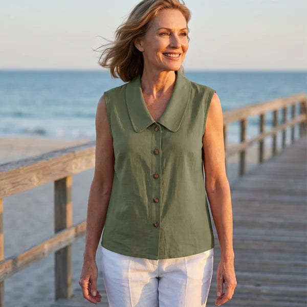 Women's Elegant Collared Sleeveless Button Down Blouse, Casual Textured Tank Shirt Top