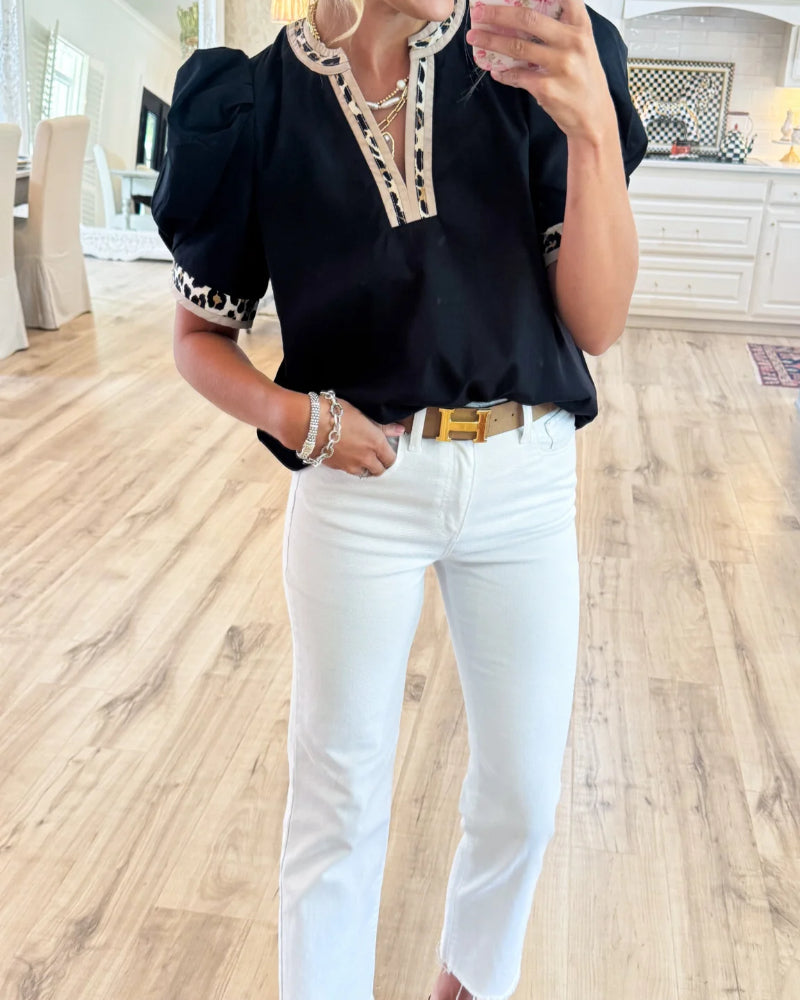 Elegant Leopard Contrast V-Neck Puff Sleeve Top