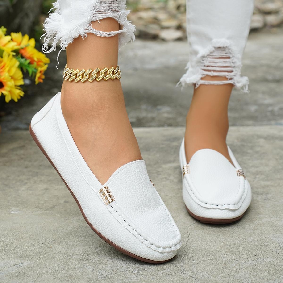 Women's Classic Multicolor Flat Shoes, Stylish Comfortable Casual Footwear, Slip On Flats, Advanced Chic Design with Slanted Metallic Chain Decoration