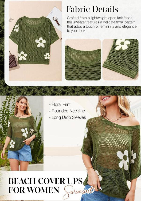 ✨🌴 Floral Crochet Beach Cover-Up Sweater — Lightweight Resort Knit Top