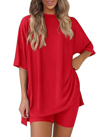 Casual Oversized 2-Piece Lounge Set – Crewneck Split Hem Top &amp; Fitted Shorts