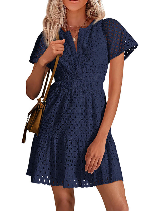 Women V Neck Lace A Line Summer Dress