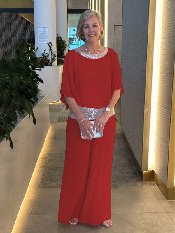 Women's Elegant Chiffon Sequin Two-Piece Pant Set
