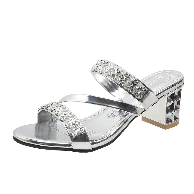 Women's Rhinestone Block Heel Sandals