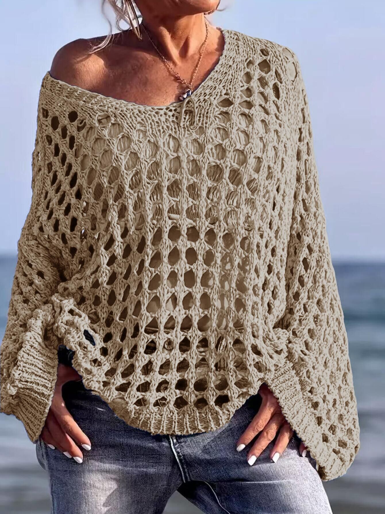 Bohemian Chic V-Neck Mesh Knit Sweater
