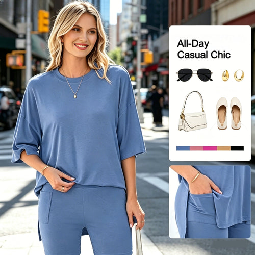 Casual Oversized 2-Piece Lounge Set – Crewneck Split Hem Top &amp; Fitted Shorts
