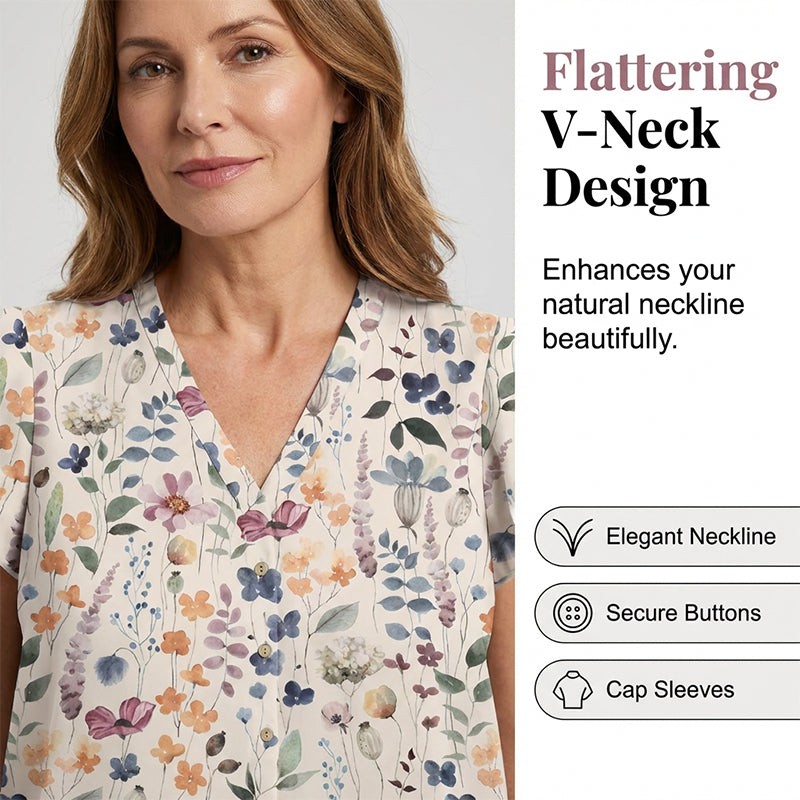 Women's V-Neck Floral Print Button-Down Blouse
