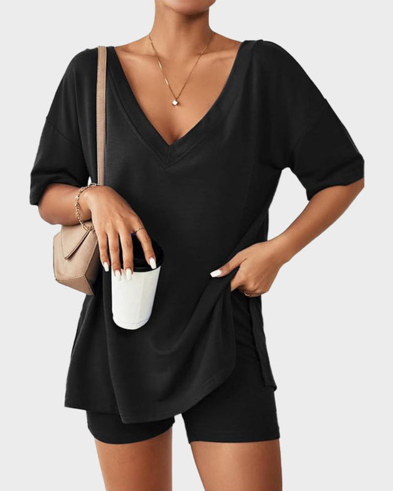 Casual Oversized 2-Piece Lounge Set – Crewneck Split Hem Top &amp; Fitted Shorts