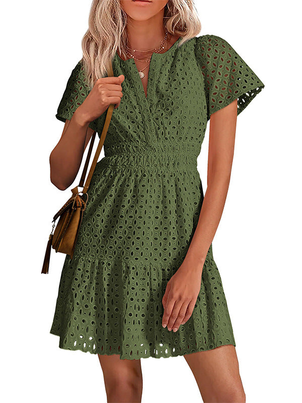 Women V Neck Lace A Line Summer Dress