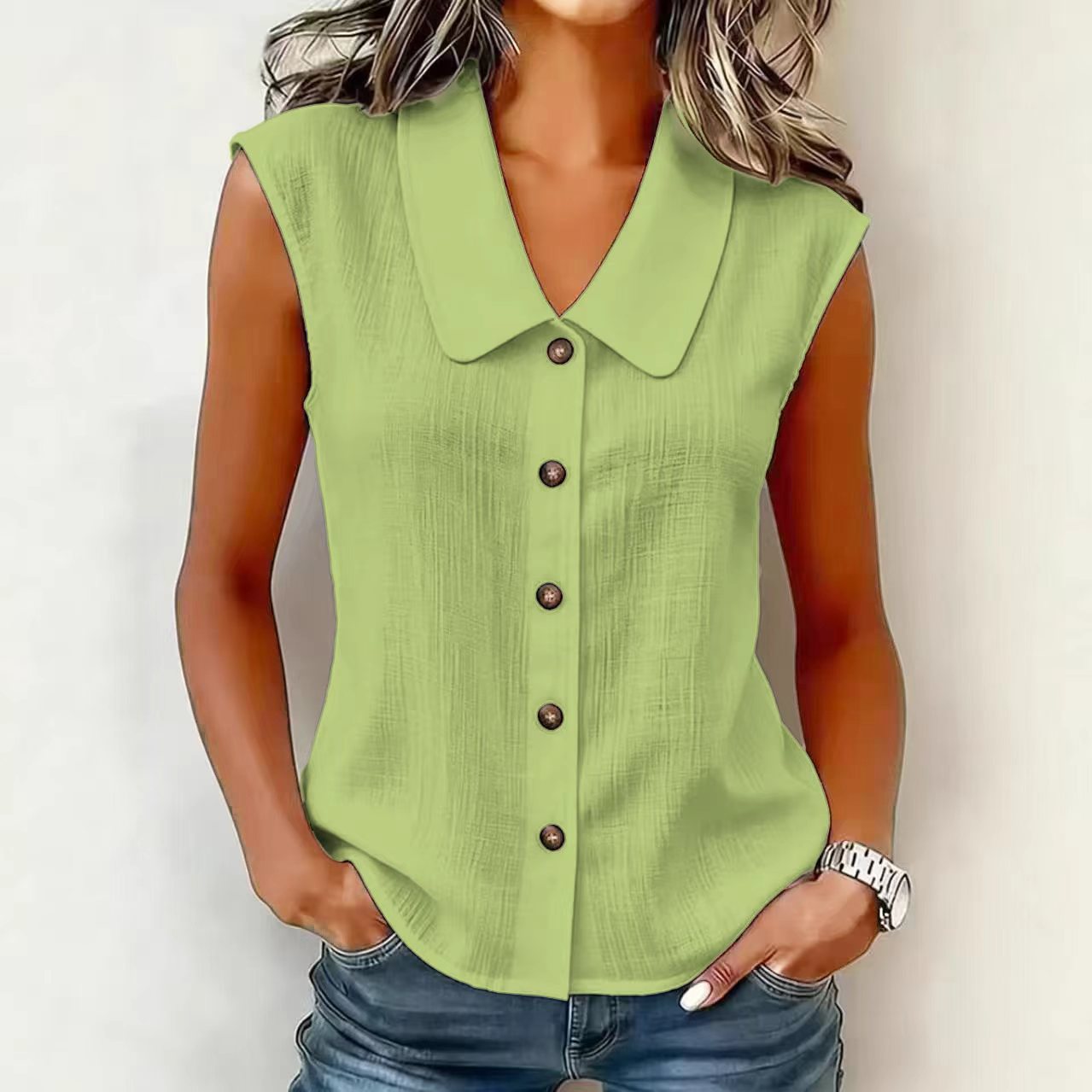 Women's Elegant Collared Sleeveless Button Down Blouse, Casual Textured Tank Shirt Top