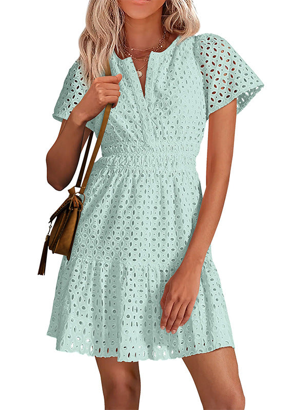Women V Neck Lace A Line Summer Dress