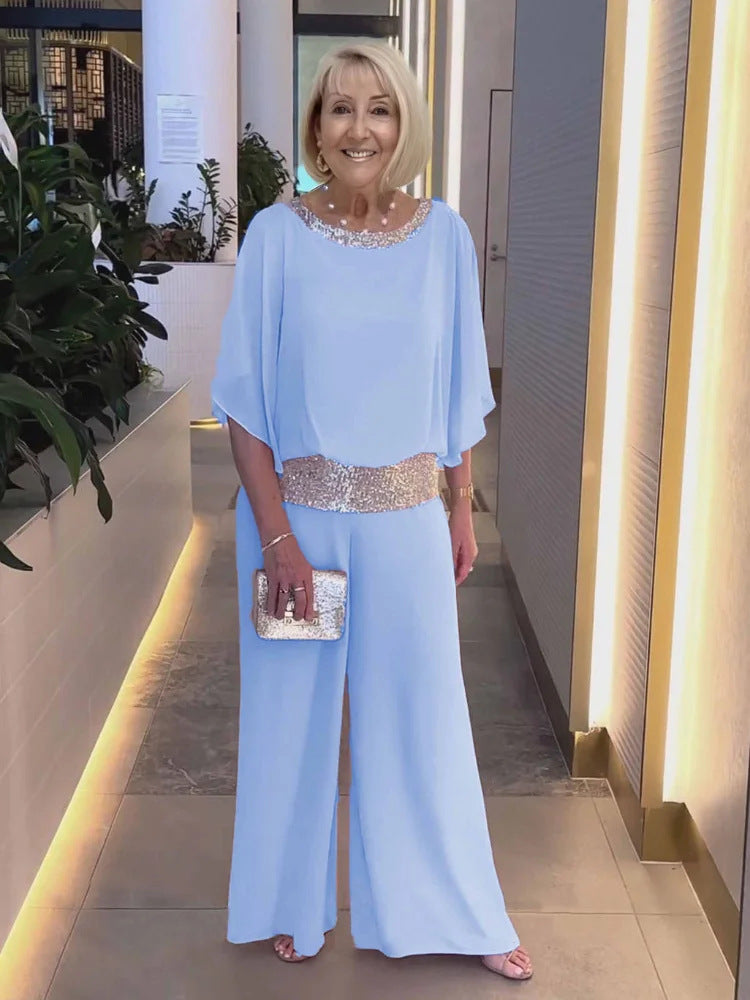Women's Elegant Chiffon Sequin Two-Piece Pant Set