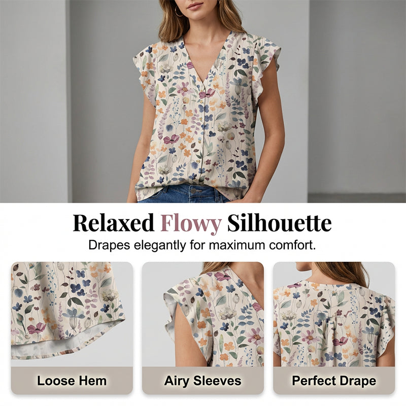 Women's V-Neck Floral Print Button-Down Blouse