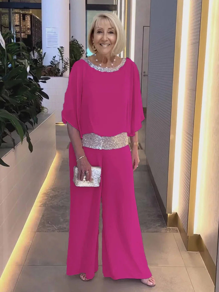 Women's Elegant Chiffon Sequin Two-Piece Pant Set