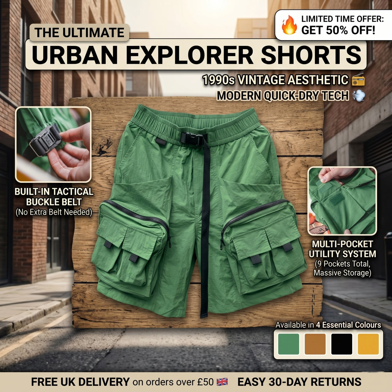 👫 Unisex Retro Multi-Pocket Cargo Shorts 🛠️ - Quick-Dry Tech Fabric 💨 - Vintage Urban Utility Shorts 🛹
