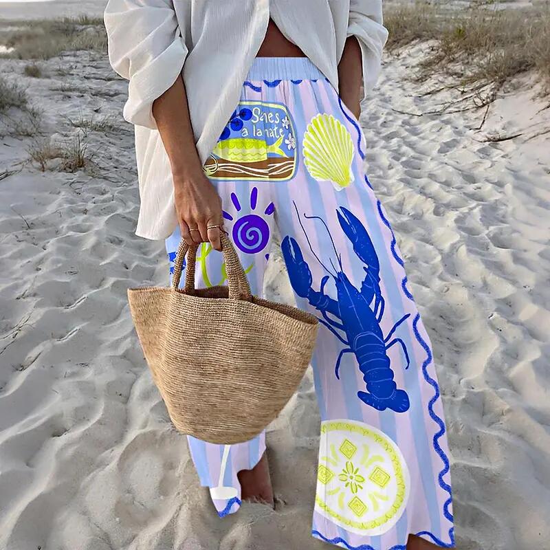 The Ultimate Vacation Aesthetic: Quirky Lobster Print Palazzo Pants | Breathable & Stretchy 🐚🍹
