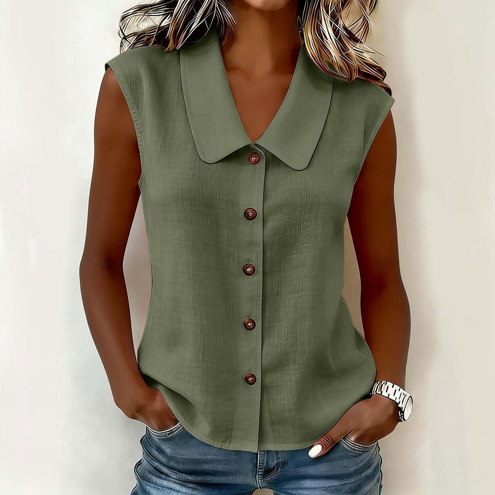 Women's Elegant Collared Sleeveless Button Down Blouse, Casual Textured Tank Shirt Top