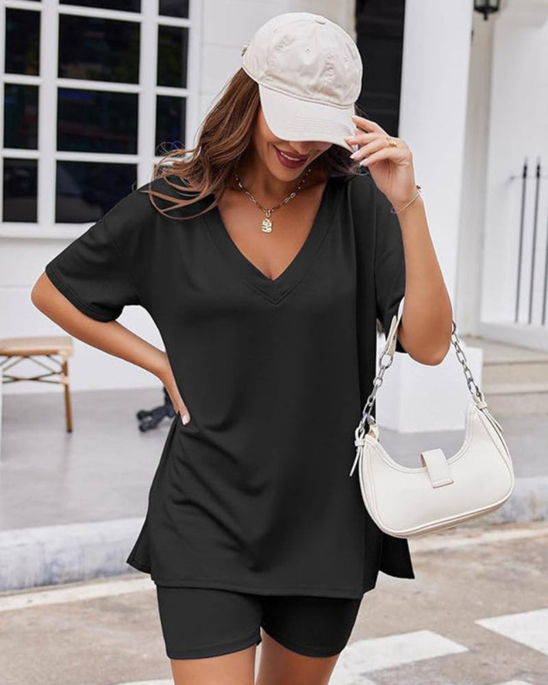 Casual Oversized 2-Piece Lounge Set – Crewneck Split Hem Top &amp; Fitted Shorts