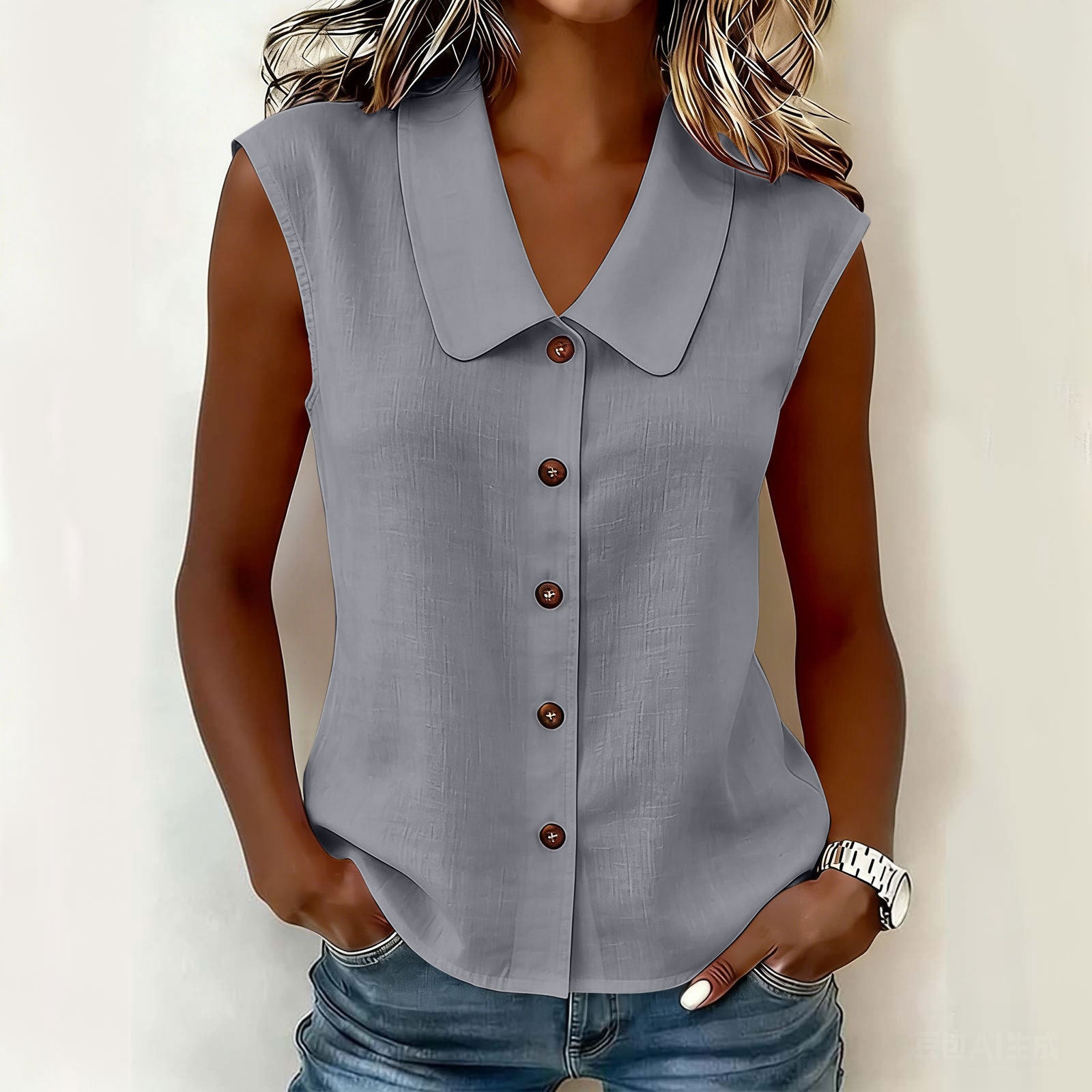 Women's Elegant Collared Sleeveless Button Down Blouse, Casual Textured Tank Shirt Top
