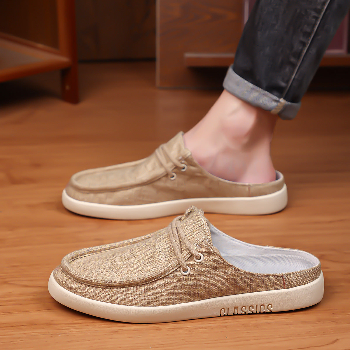 Men's Linen Slip-On Backless Mule Shoes