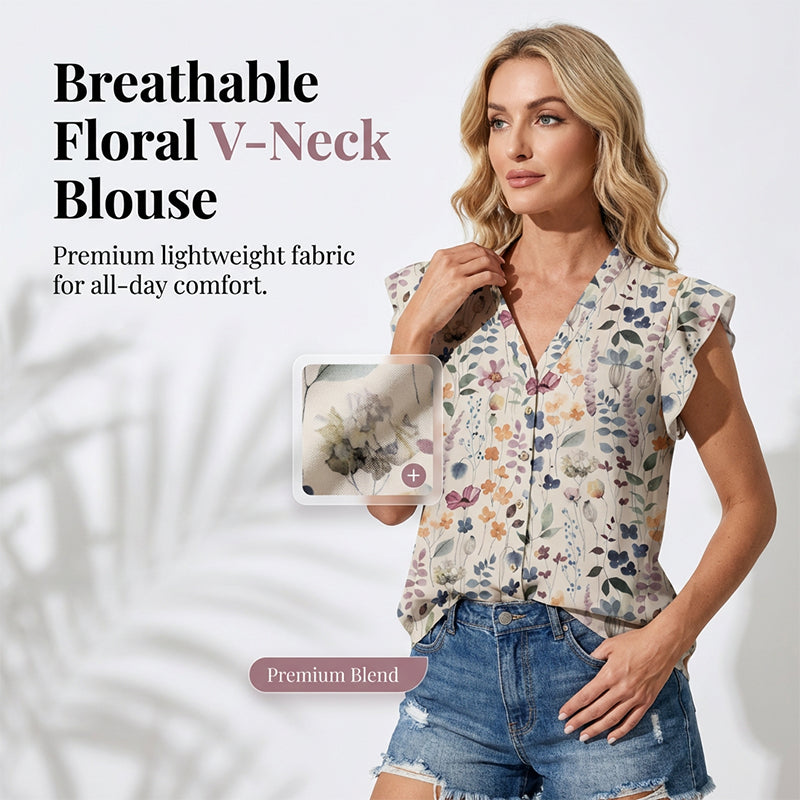 Women's V-Neck Floral Print Button-Down Blouse