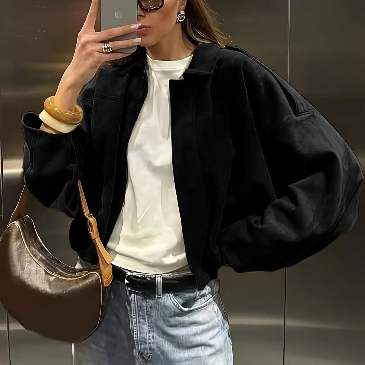 Premium Suede Loose Fit Zip-Up Jacket with Lapel Collar - Effortless Urban Style 🍂