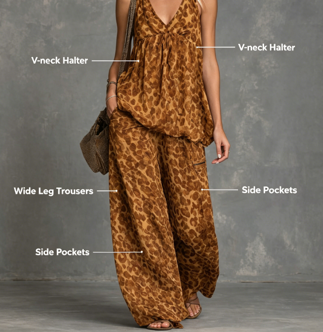 ✨ (50% OFF!) 2026 New In: Women's Leopard Print 2-Piece Co-Ord Set - Sleeveless Halter Top & Wide Leg Trousers for UK Summer, Vacation & Casual Wear