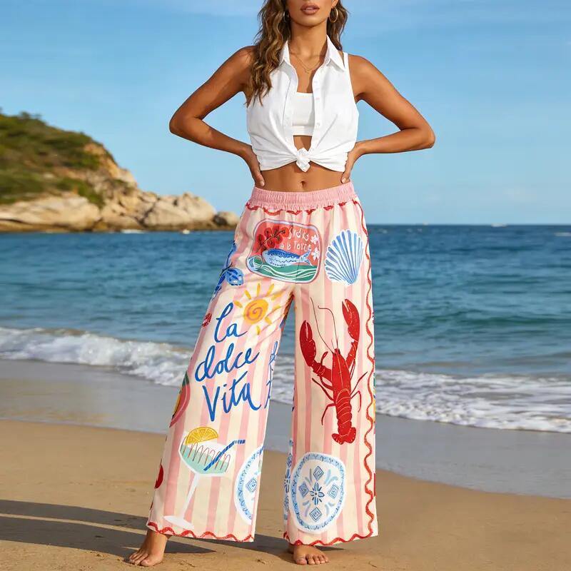 The Ultimate Vacation Aesthetic: Quirky Lobster Print Palazzo Pants | Breathable & Stretchy 🐚🍹