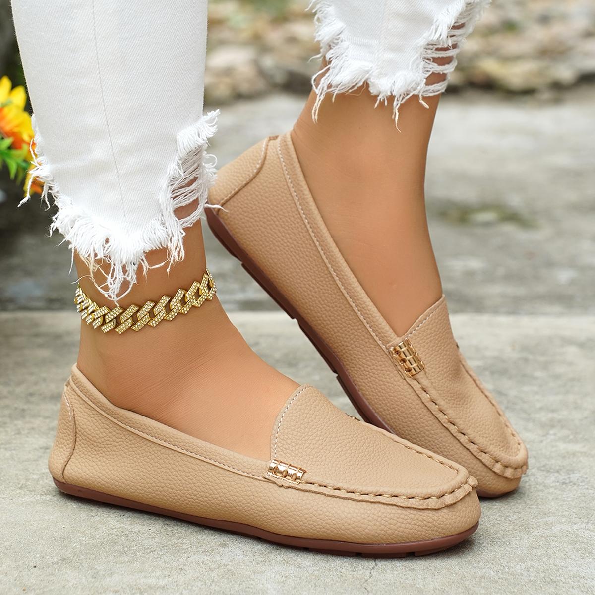 Women's Classic Multicolor Flat Shoes, Stylish Comfortable Casual Footwear, Slip On Flats, Advanced Chic Design with Slanted Metallic Chain Decoration