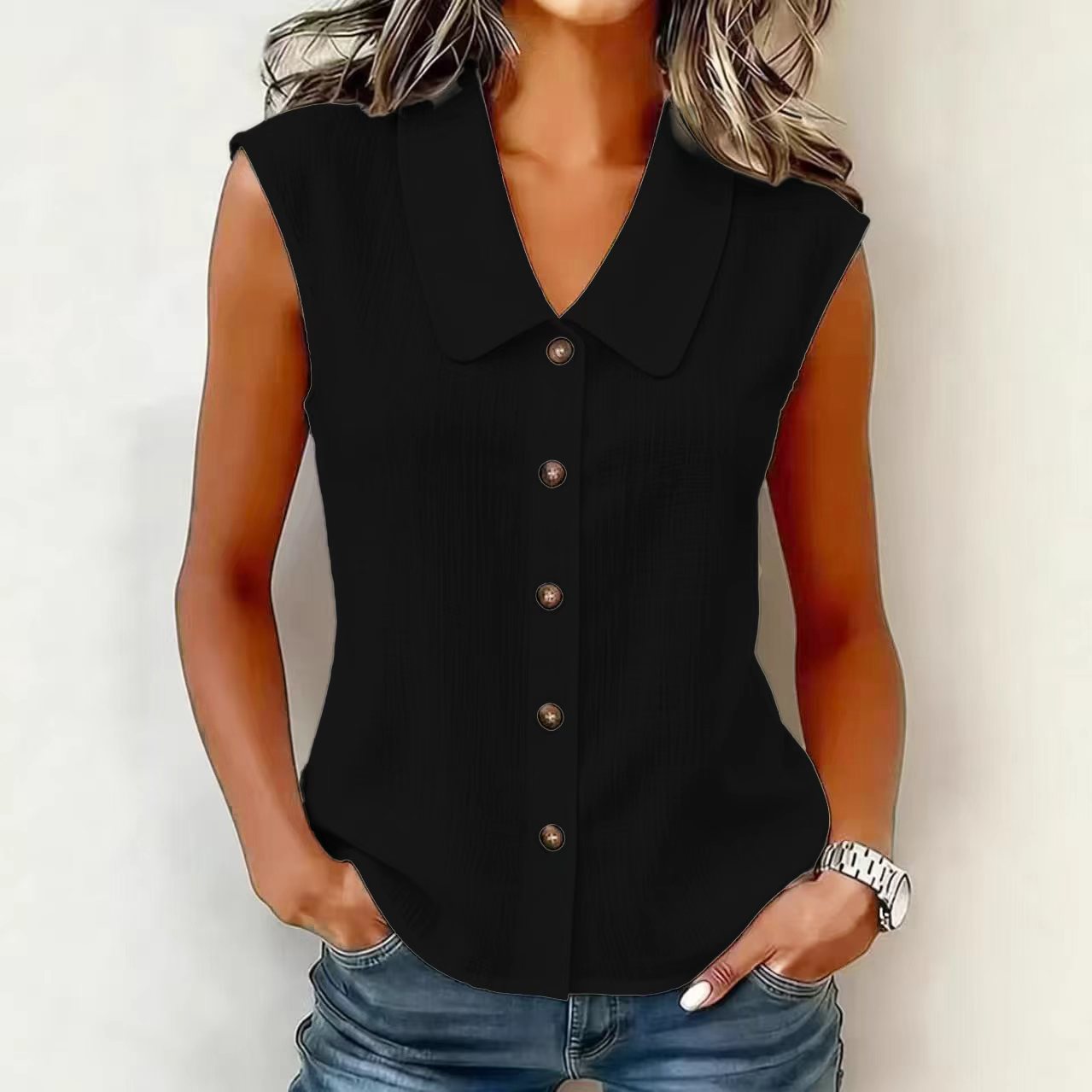 Women's Elegant Collared Sleeveless Button Down Blouse, Casual Textured Tank Shirt Top