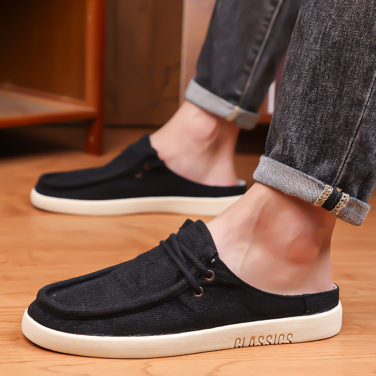 Men's Linen Slip-On Backless Mule Shoes