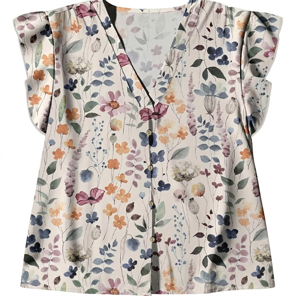Women's V-Neck Floral Print Button-Down Blouse