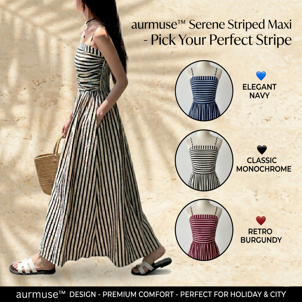 aurmuse™ Serene Striped Maxi Dress - Coastal Ruched Camisole Gown 🏖️