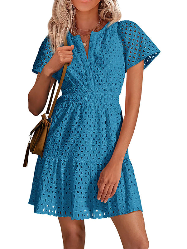 Women V Neck Lace A Line Summer Dress