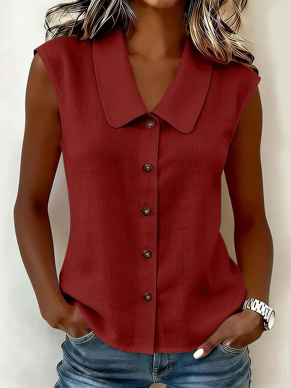 Women's Elegant Collared Sleeveless Button Down Blouse, Casual Textured Tank Shirt Top
