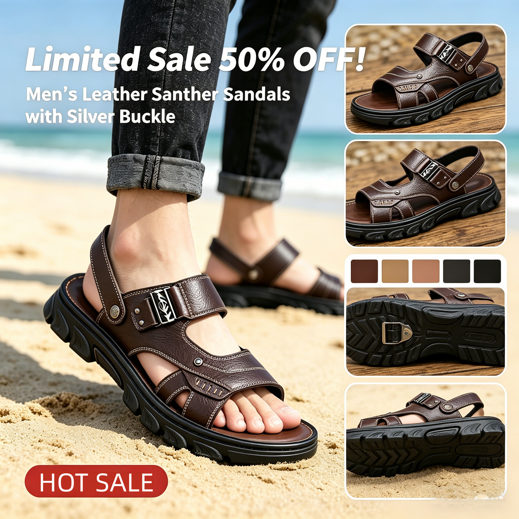 Men’s Leather Sandals with Silver Buckle