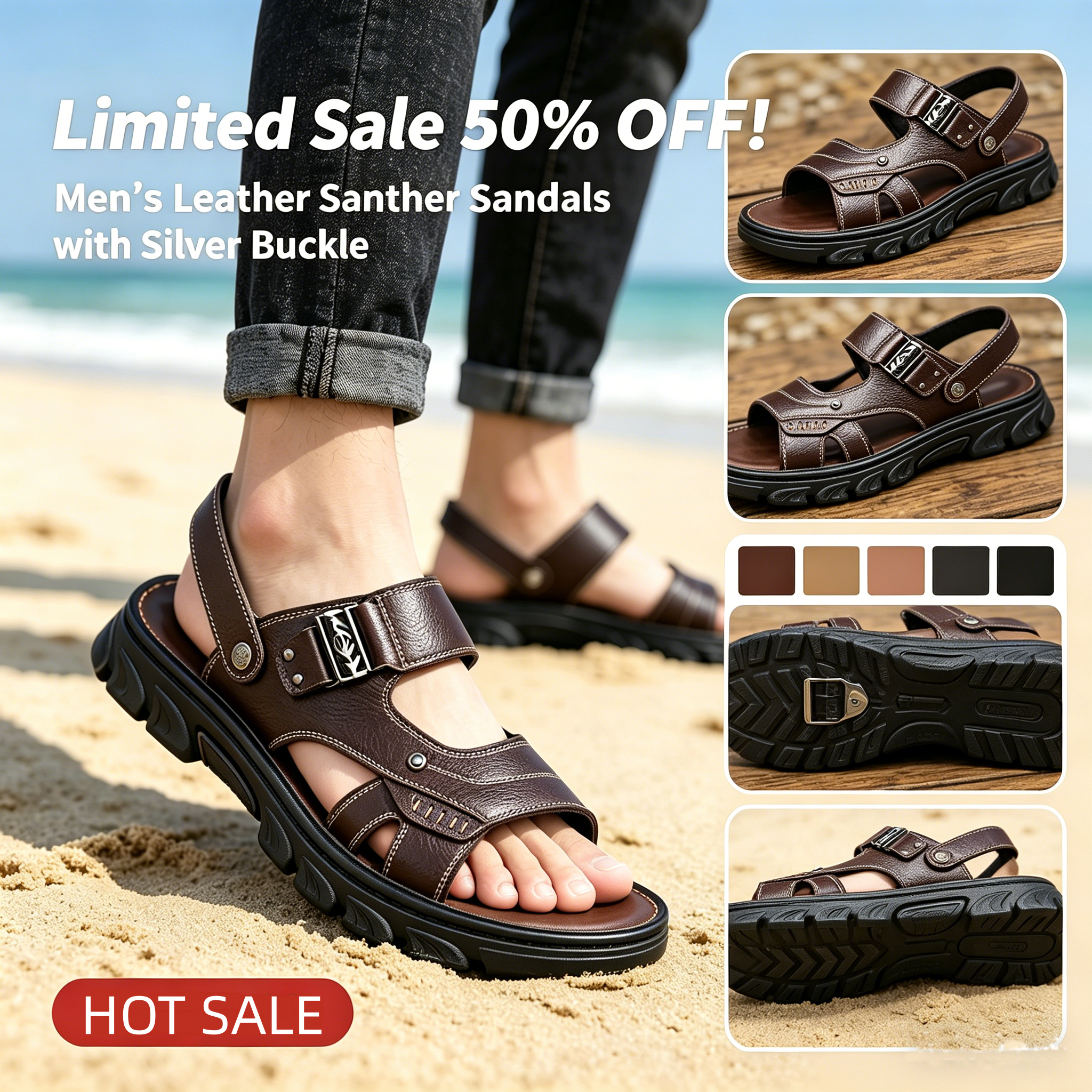 Men’s Leather Sandals with Silver Buckle