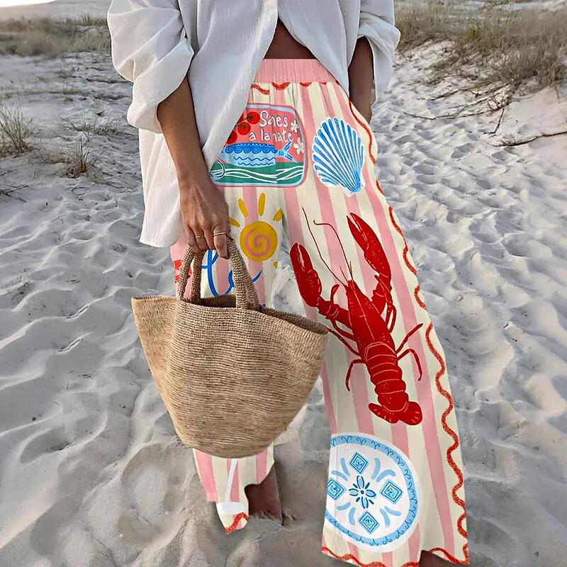 The Ultimate Vacation Aesthetic: Quirky Lobster Print Palazzo Pants | Breathable & Stretchy 🐚🍹