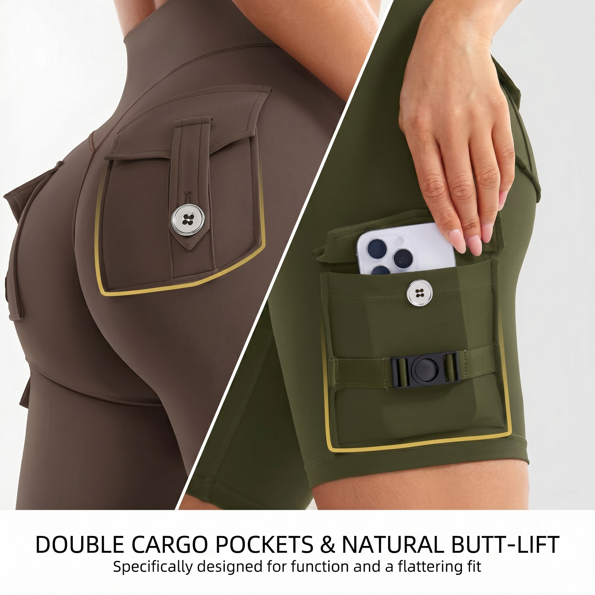 High Waist Cargo Yoga Shorts – Button Pockets, Butt Lift &amp; Ultra-Breathable