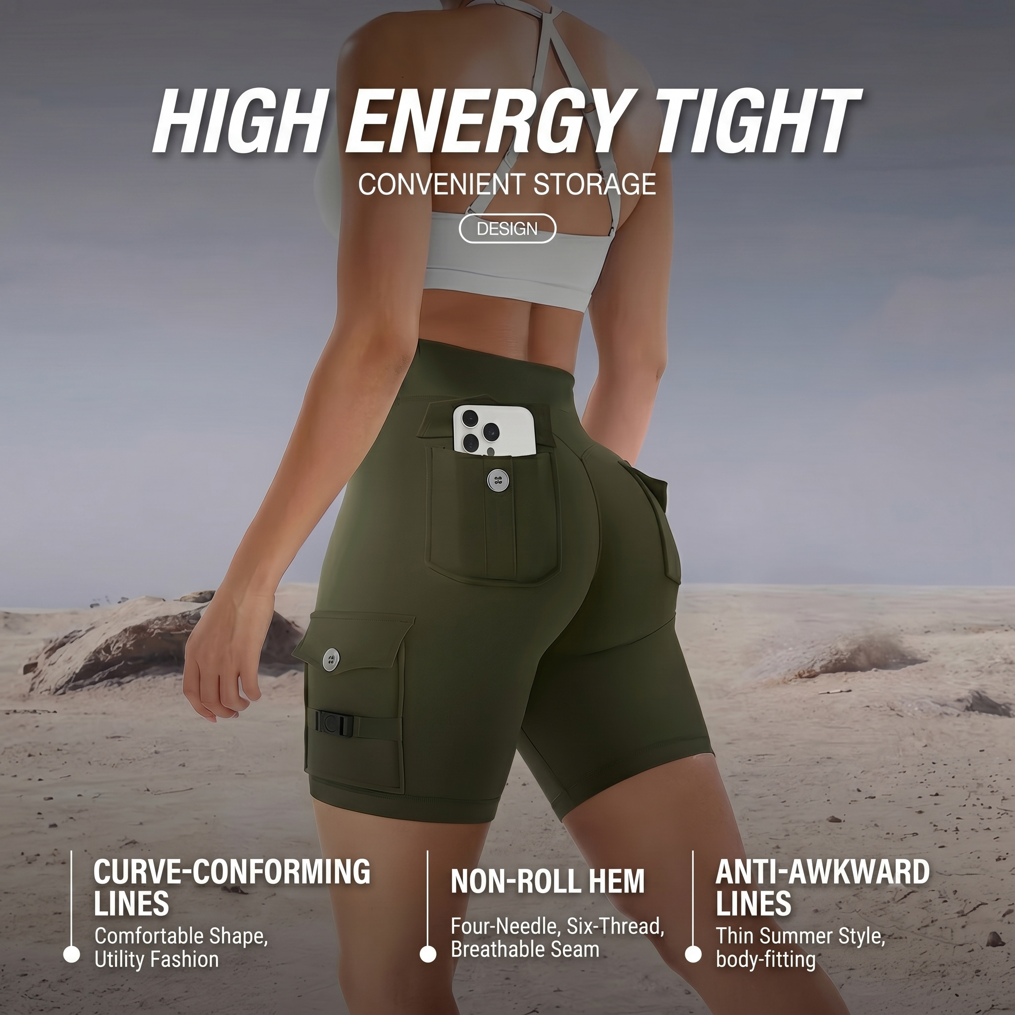 High Waist Cargo Yoga Shorts – Button Pockets, Butt Lift &amp; Ultra-Breathable
