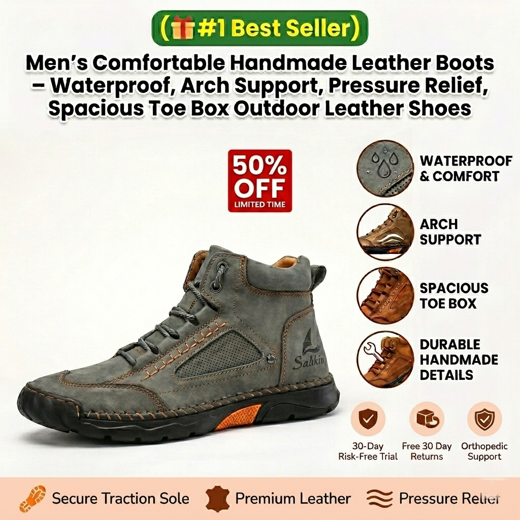 (🎁#1 Best Seller) Men's Comfortable Handmade Leather Boots – Waterproof, Arch Support, Pressure Relief, Spacious Toe Box Outdoor Leather Shoes