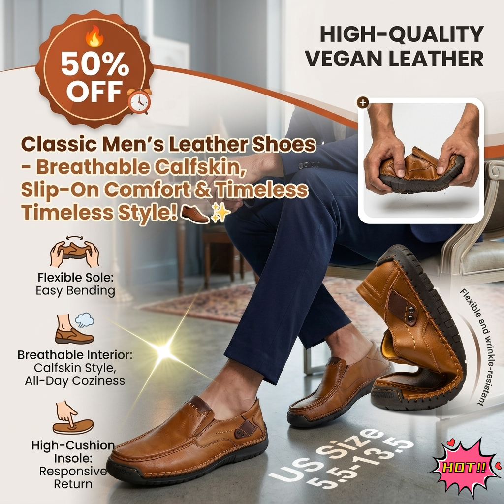 🔥 50% OFF ⏰ Classic Men’s Leather Shoes – Breathable Calfskin, Slip-On Comfort & Timeless Style! 👞✨