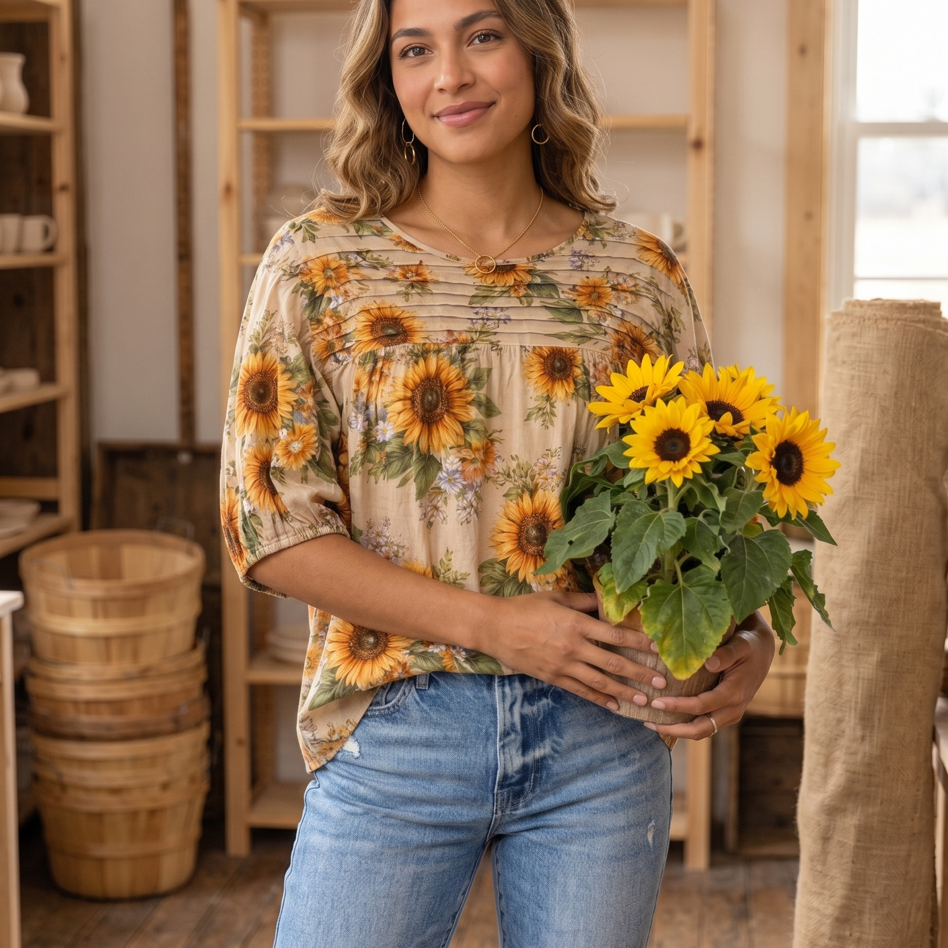 Applique & Floral Print Pleated Detail Rocking Blouse