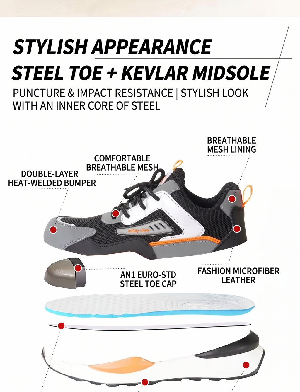 Men's Color-block Lace Up Front Mesh Breathable Safety Shoes, Lightweight Comfortable Anti-slip Work Protective Shoes, Steel Toe Shoes