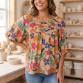 Applique & Floral Print Pleated Detail Rocking Blouse