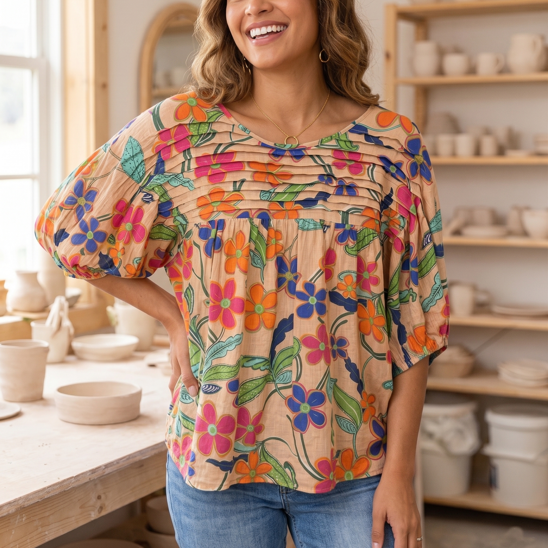 Applique & Floral Print Pleated Detail Rocking Blouse