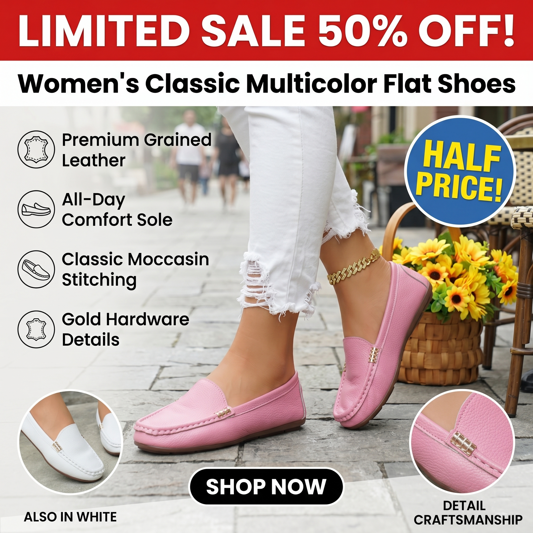 Women's Classic Multicolor Flat Shoes, Stylish Comfortable Casual Footwear, Slip On Flats, Advanced Chic Design with Slanted Metallic Chain Decoration